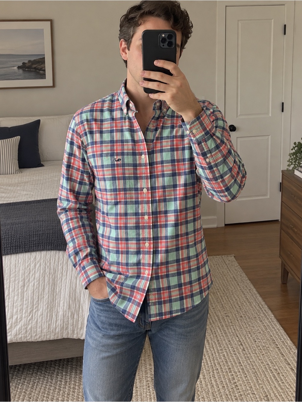 Vineyard Vines Men’s Mint Navy Plaid Button Down Shirt Size S